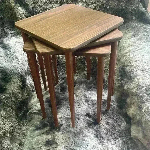 Set of  3 Mid Century Danish Modern Wood Formica Stacking Nesting
Tables - Picture 7 of 16